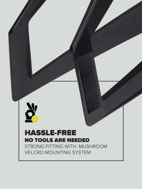 The toolless mounting system, including mushroom velcros and zip ties, ensures a secure fit, while the surrounding design provides extensive wheel coverage._0